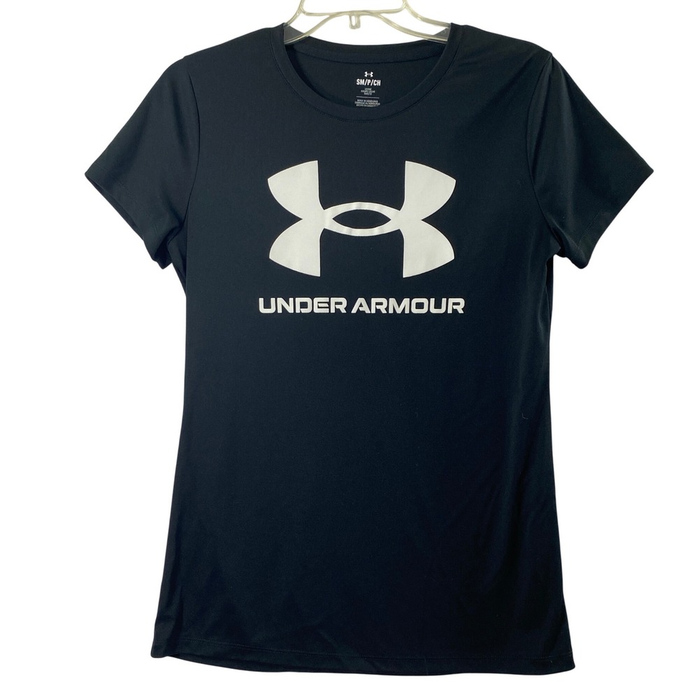Under Armour Dri Fit T Shirt Womens Small Loose Black White Logo Short‎ Sleeve